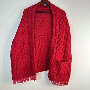 Aran Woollen Mills Womens Cherry Red Wool‎ Cable Knit Shawl Sweater One Size